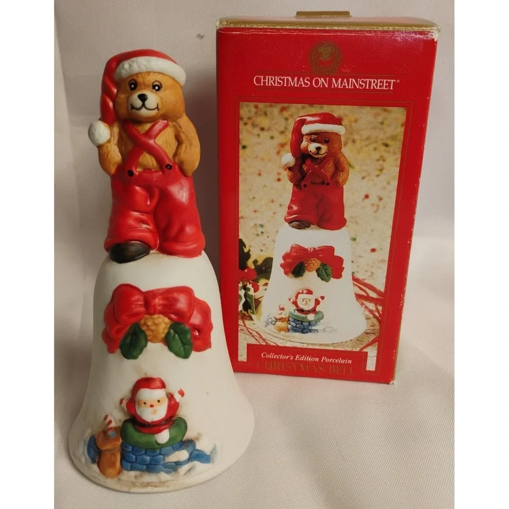 Vintage Christmas Porcelain Bell Bells 2pc Lot Santa Bear Mouse‎ Decorations